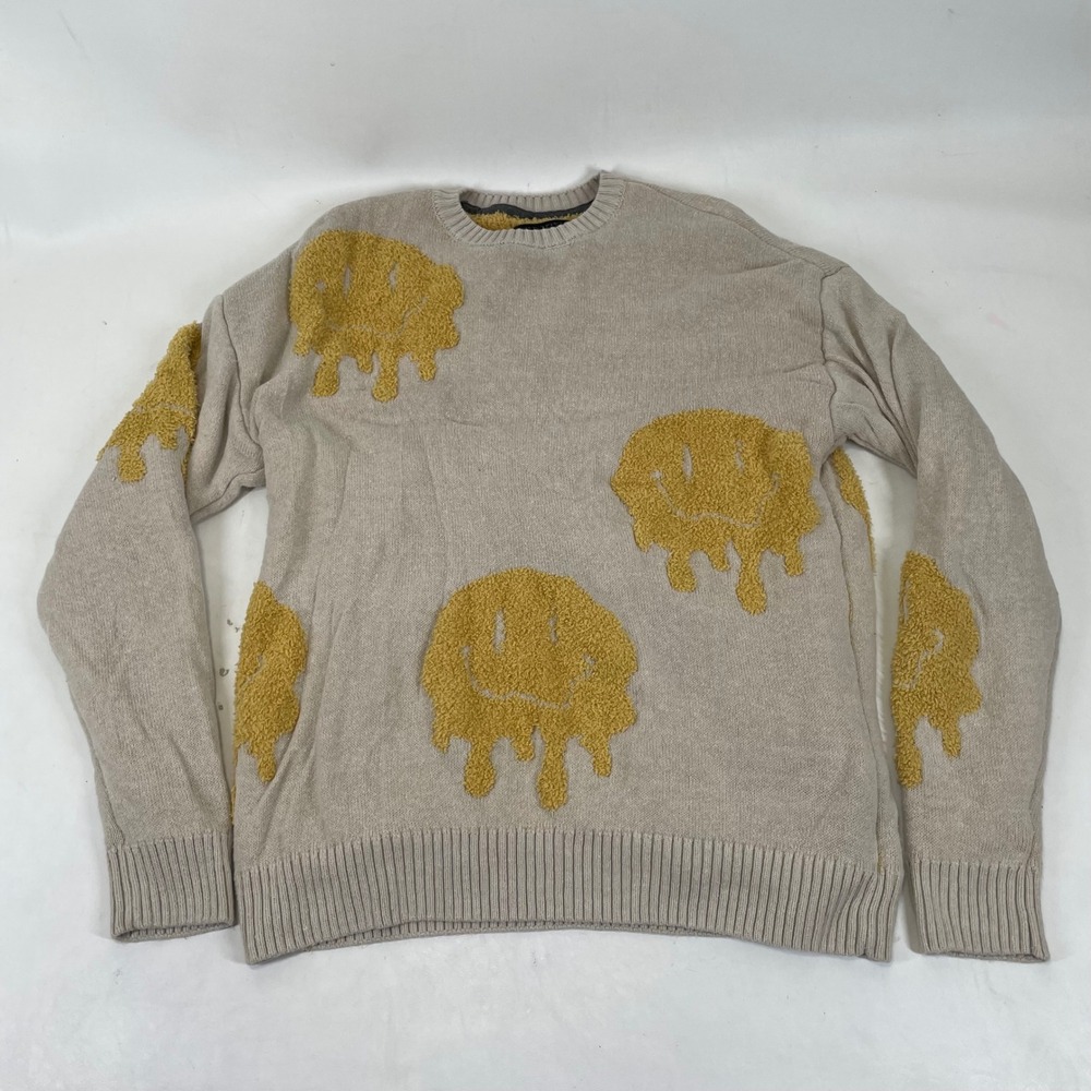 Retrofit Mens Small Melting Smiley Face Drip Graphic Knit Sweater Beige Yellow